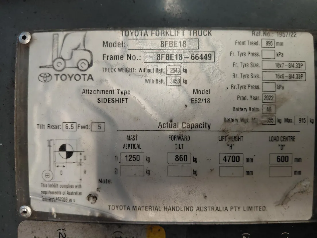 Used Toyota Forklift – 8FBE18 Gallery Image 3