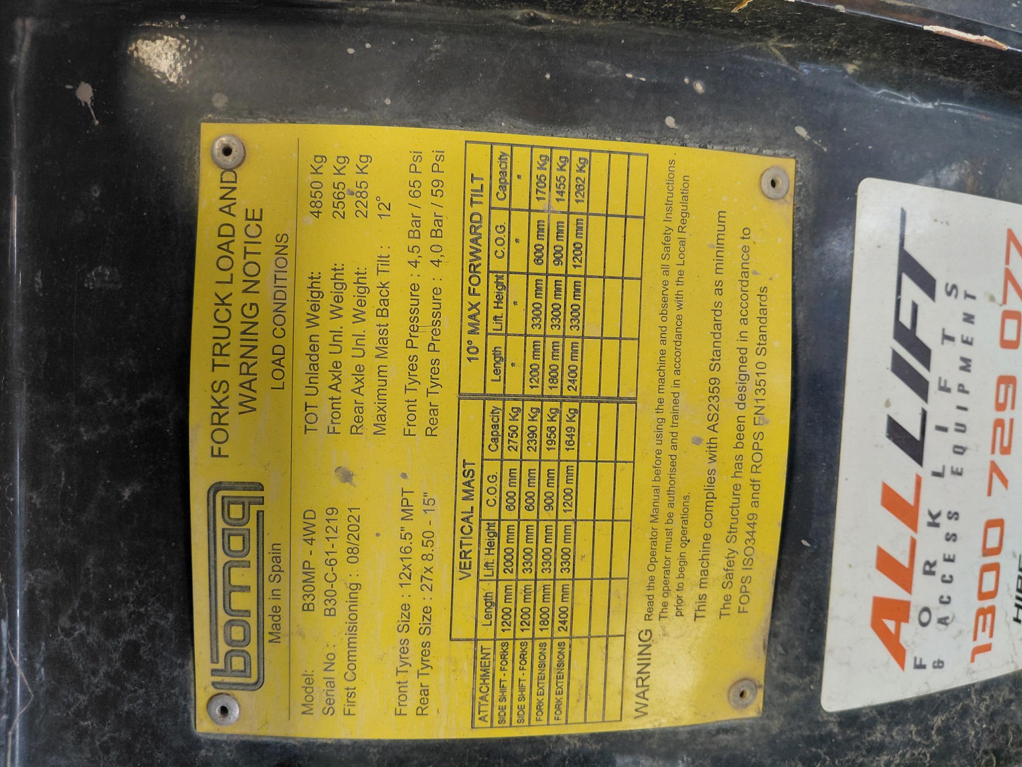 BOMAQ 3t Rough Terrain Forklift - For Sale image 6